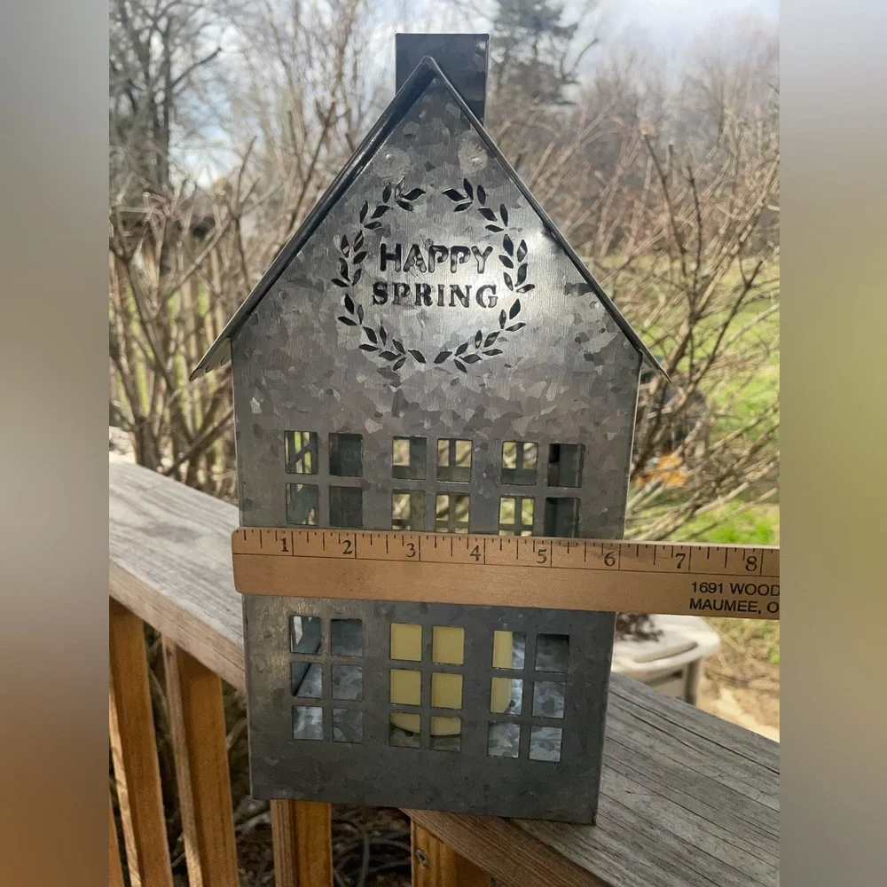 Metal House Candle Lantern Light with 'Happy Spring' Cutout